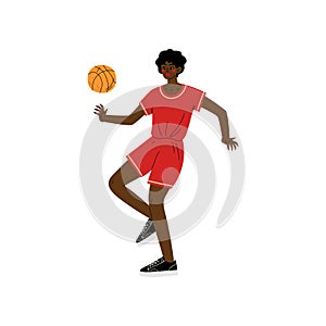 Basketball Player with Ball, Male African American Athlete Character in Red Sports Uniform Playing with Ball, Active