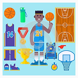 Basketball player and basketball icon set. Simple basketball vector elements. Vector illustration