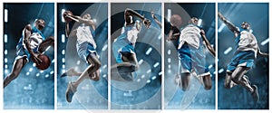 Basketball player on big professional arena during the game. Basketball player making slam dunk.