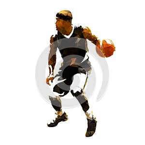 Basketball player in black jersey running and dribbling with ball, polygonal vector illustration. Rear view