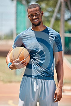Basketball player, black man portrait and outdoor sports court training, workout and game in New York, USA. Happy