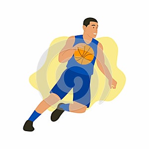 Basketball player in blue uniform with the ball.flat illustration design.