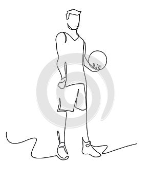 Basketball player continuous one line drawing. Male sportsman holding ball hand drawn character.