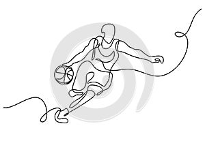 basketball player continuous one line drawing, a man dribbling a ball with power. Sport energy concept