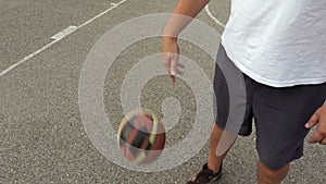 Basketball player dribbles the ball