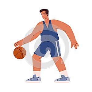 Basketball player dribbles ball with hand, flat vector illustration isolated.
