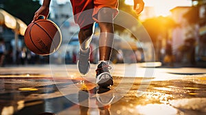 Basketball player dribbles outdoor at the streets. The Art of Street Basketball Dribbling. Generative AI