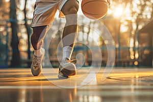 Basketball player dribbling the ball on basketball court. Generative AI