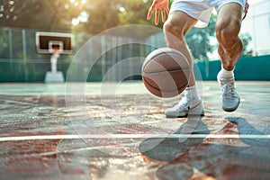 Basketball player dribbling the ball on basketball court. Generative AI