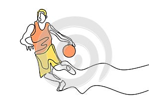 Basketball player dribbling a ball one continuous line drawing. Vector minimalism design