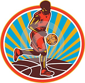 Basketball Player Dribbling Ball Woodcut Retro