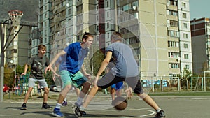 Basketball player dribbling between legs on court