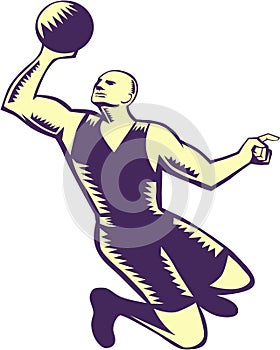 Basketball Player Dunk Ball Woodcut