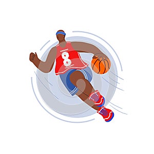 Basketball player flat hand drawn vector illustration. Athlete hitting the ball smash cartoon character
