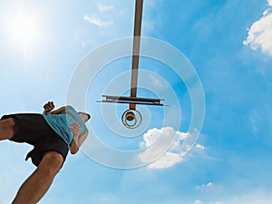 Basketball player by the hoop seen from below