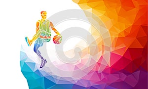 Basketball player jump shot polygonal silhouette on colorful low poly background.