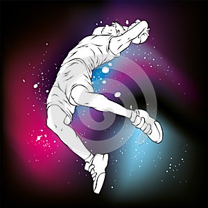 Basketball player jumping with the ball. A guy or a man in shorts and a t-shirt. Sport and basketball. Vector illustration.