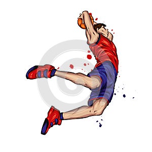 Basketball player jumping with the ball. A guy or a man in shorts and a t-shirt. Sport and basketball. Vector illustration.