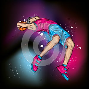 Basketball player jumping with the ball. A guy or a man in shorts and a t-shirt. Sport and basketball. Vector illustration.