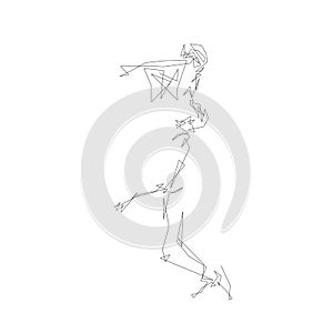 Basketball player jumping with ball, slam dunk. Continuous line drawing, abstract isolated vector silhouette