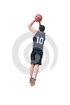 Basketball player making a jump shot on white