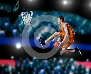 Basketball player making slam dunk on basketball arena