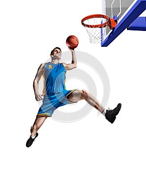 Basketball player making slam dunk isolated