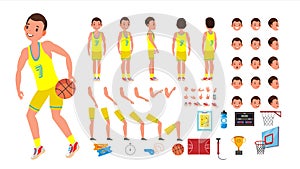 Basketball Player Male Vector. Animated Character Creation Set. Basketball Player Man. Full Length, Front, Side, Back