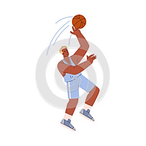 Basketball player man jumping to catch the ball, energetic athlete in blue uniform trains, cartoon vector illustration