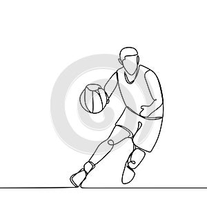 Basketball player during match game, he dribbling a ball. Continuous single line drawing vector illustration. Lineart sport theme