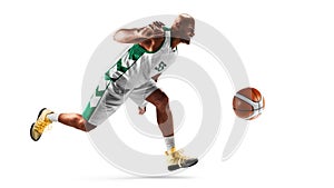 Basketball player in motion and action. Isolated. Sport energy. Flying. Sport emotion. Side view