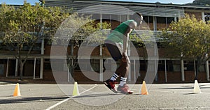 Basketball player practicing dribbling drill