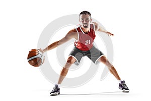 Basketball player preparing to attack. Sport. On a white background. Professional basketball player in action