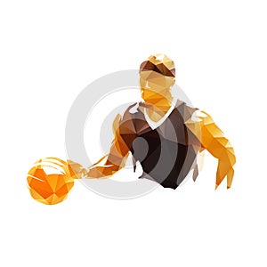 Basketball player running with ball, dribbling. Isolated low polygonal vector illustration, front view. Basketball point guard