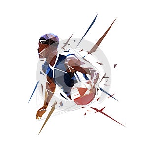 Basketball player running with ball, dribbling. Isolated low polygonal vector illustration, geometric drawing from triangles, side