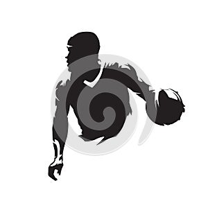 Basketball player running with ball, dribbling. Isolated vector silhouette, ink drawing, front view. Basketball point guard