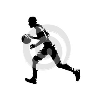 Basketball player running with ball, isolated vector silhouette. Team sport athlete