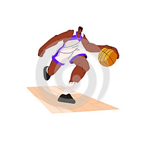 Basketball player running, dribbling ball. Black man, professional athlete in action, playing sports game at court