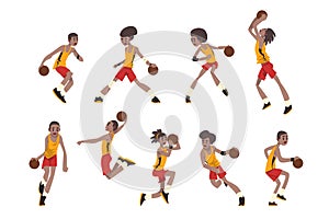 Basketball player set, athletes in uniform playing with ball vector Illustrations on a white background