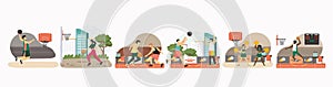 Basketball player set, vector illustration. Athletes dribbling, throwing ball in basket, jumping, making slam dunk shot.