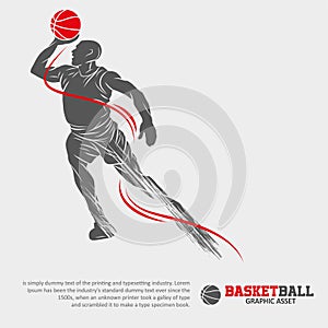 Basketball player shot the ball to the ring. Jump posing man silhouette vector illustration.