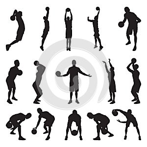 Basketball player silhouettes, vector illustration. Dribbling, bouncing, passing, shooting ball, free throw, slam dunk.