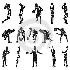 Basketball player silhouettes, vector illustration. Dribbling, bouncing, passing, shooting ball, free throw, slam dunk.