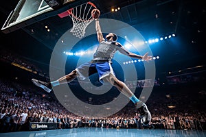 Basketball player soaring through the air for a slam dunk, with the hoop and crowd in the background. Generative AI