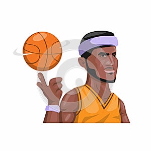 Basketball player spining ball in hand, dark skin man professional athlete sport character mascot in cartoon illustration vector o