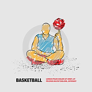 Basketball player spins the ball on finger. Vector outline of sitting basketball player with scribble doodles style.