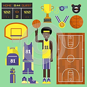Basketball player sport elements professional set. Game competition basketball team recreation, running shoe and sports