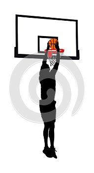 Basketball player stunt jumping and dunking silhouette isolated on white background