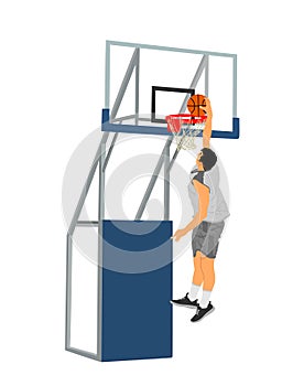 Basketball player stunt jumping and dunking vector illustration isolated on white background.