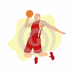 Basketball player wearing red uniform with the ball in competition